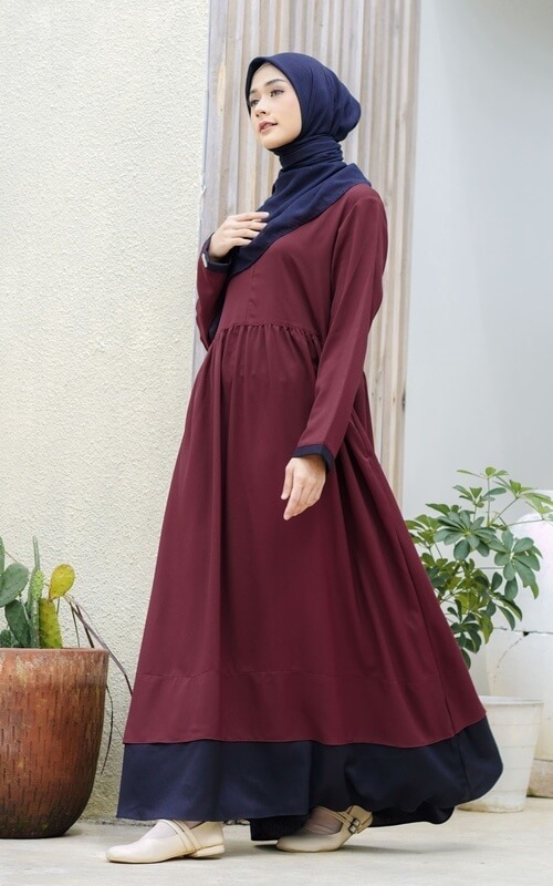 Gamis Polos Kombinasi 2 Warna Maroon dan Navy