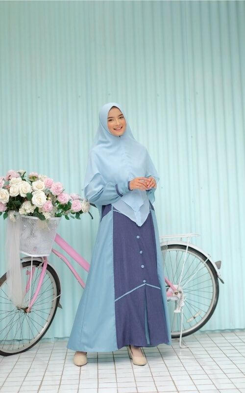 Gamis Polos Kombinasi 2 Warna Biru
