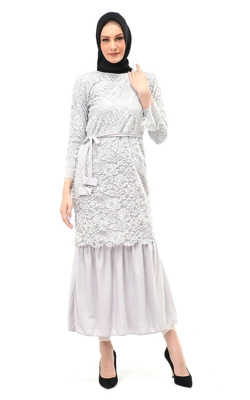 Regular Fit Dress Brokat dengan Aksen Tali