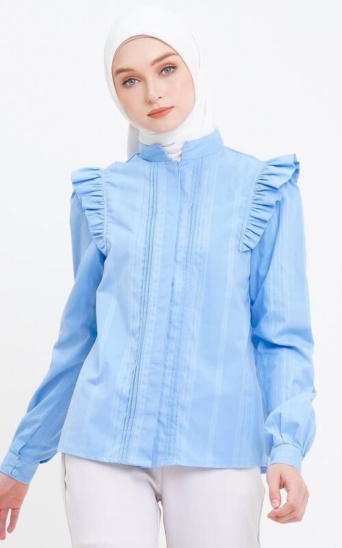 Blouse Biru Aksen Ruffle