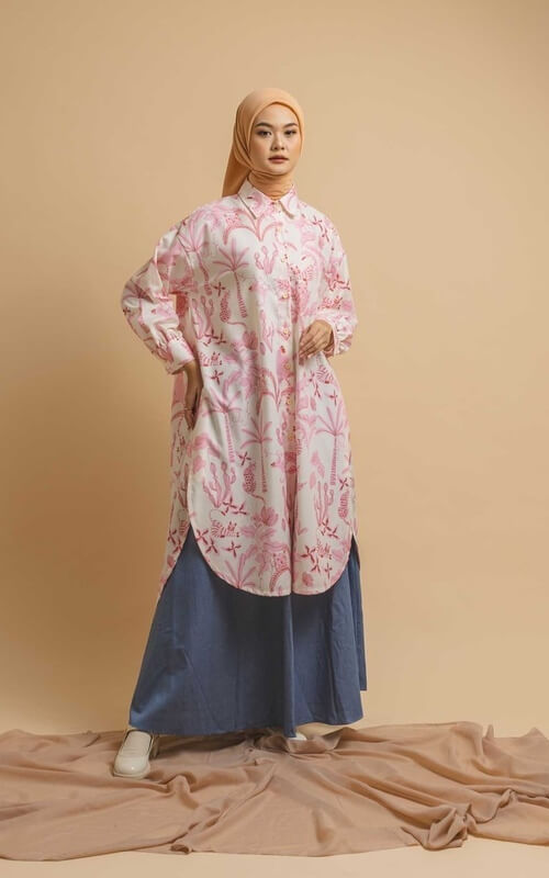 Tunik Putih Pink Motif Daun