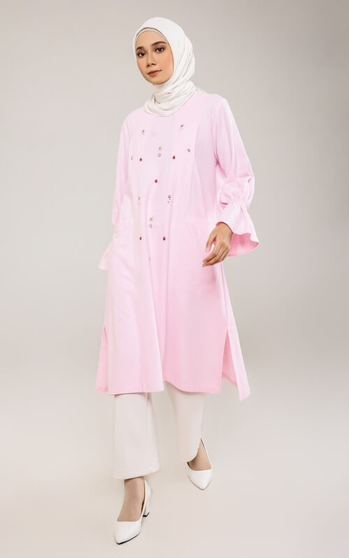 Tunik Pink Polos Lengan Terompet 