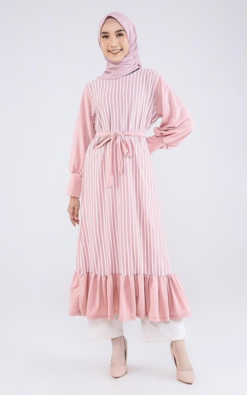 Tunik Striped Aksen Tali & Ruffle
