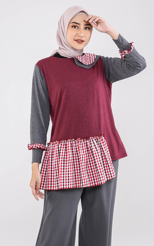 Blouse Merah Maroon Kombinasi Abu