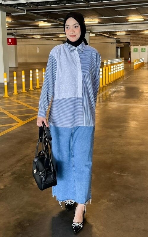 Rok Denim Modern Dengan Desain Santai dan Atasan Kemeja
