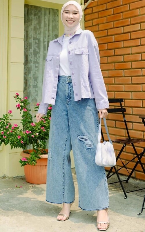 Purple Denim Jacket and Blue Jeans