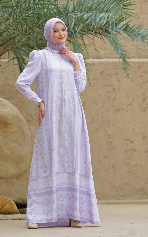 Dress Ungu Motif Lengan Puff