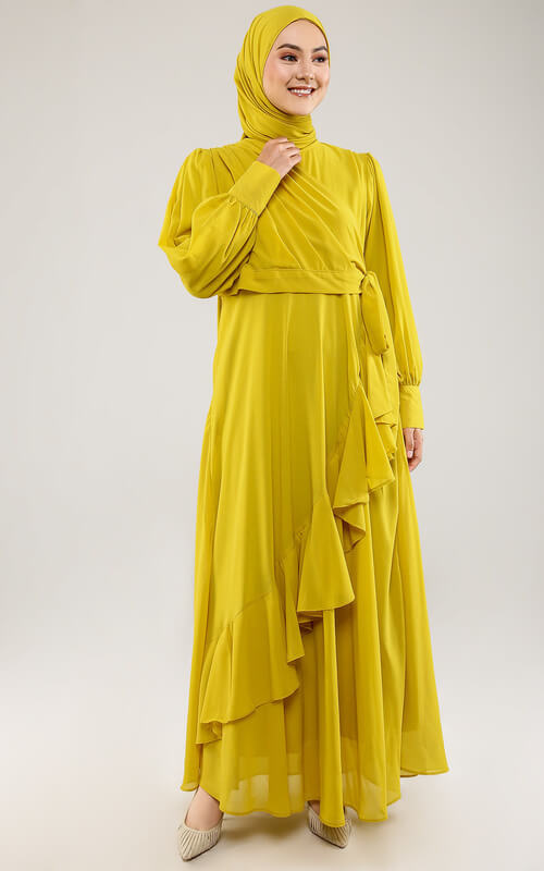 Dress Kuning Kehijauan Aksen Ruffle