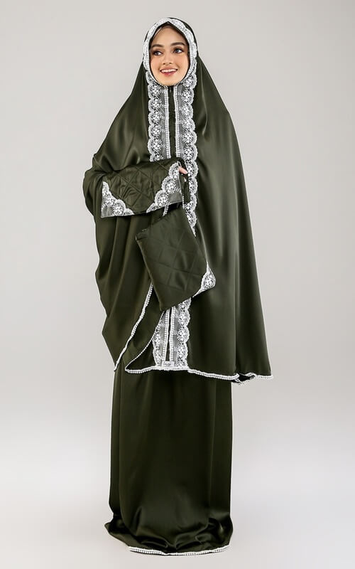 Mukena Hijau Botol Aksen Putih