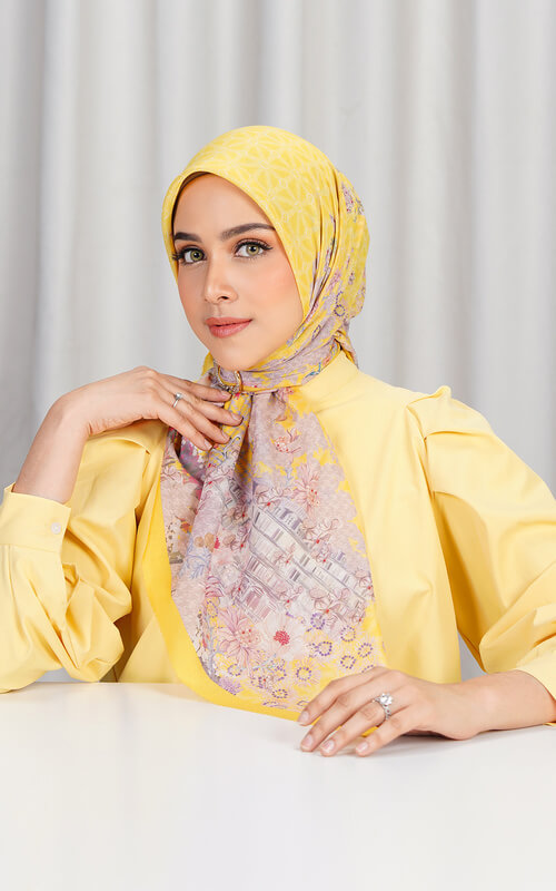 Jilbab Segiempat Kuning Motif Bunga