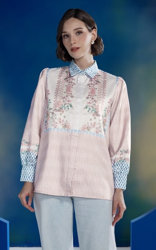 Blouse Satin Elegan Motif Floral Warna Pink