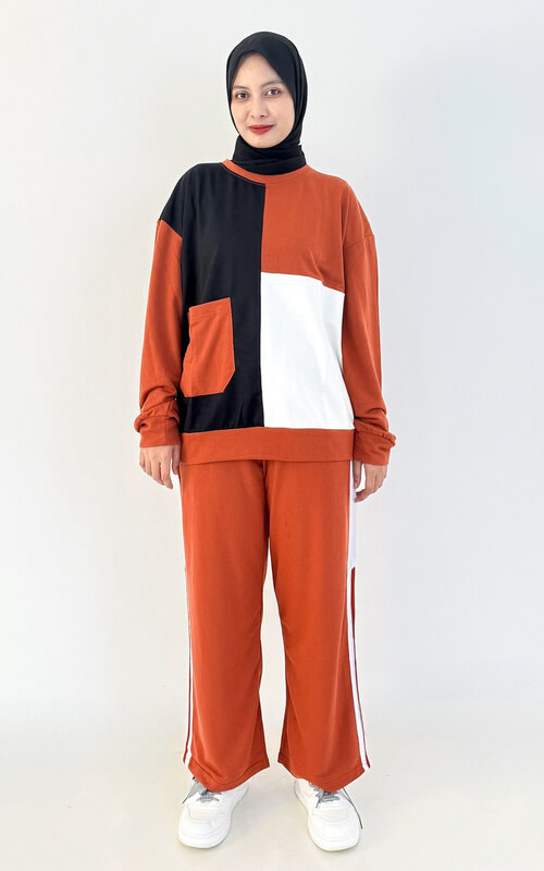 Sweater Color Block Nuansa Oranye