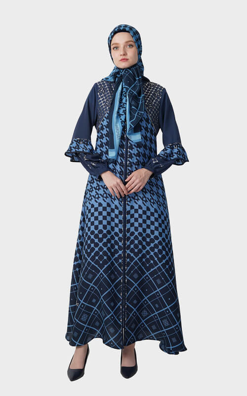 Dress Biru Motif Geometris dengan Lengan Ruffle