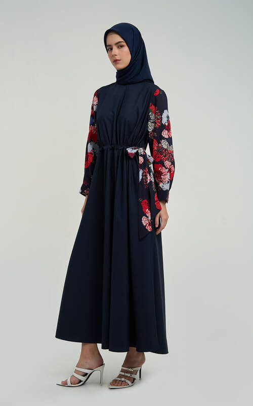 Dress Navy Lengan Motif Bunga