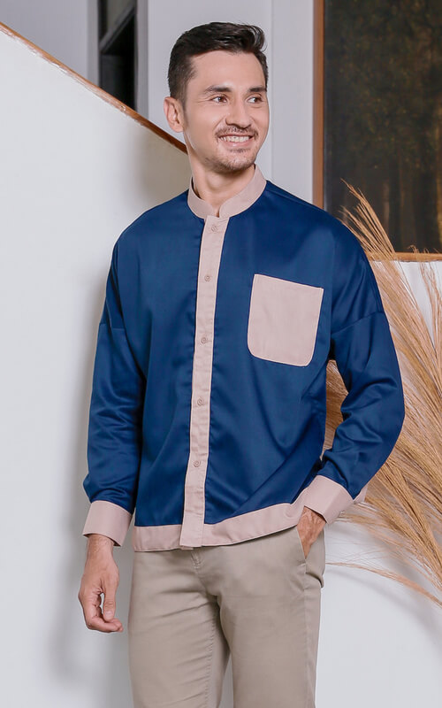 Kemeja Panjang Kombinasi Navy dan Coklat