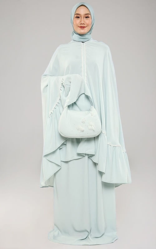Mukena Warna Hijau Mint 2 in 1 Dengan Aksen Ruffle