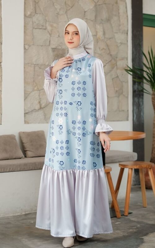 Dress Satin Kombinasi Warna Biru dan Abu-abu