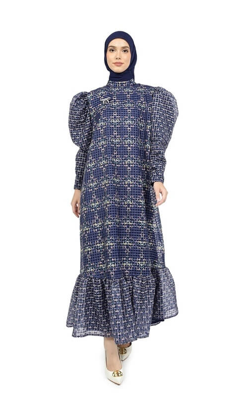 Dress Biru Motif Model Lengan Puff