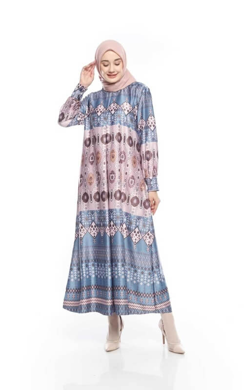 Dress Satin Biru Motif Radiant Harmony